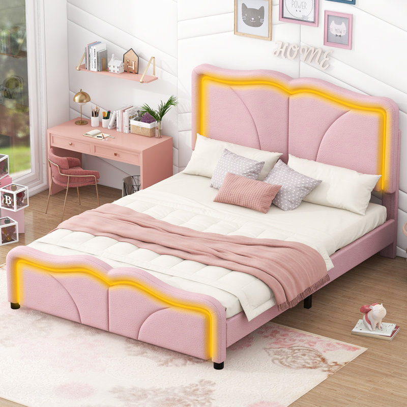 Lit plateforme tapissier avec motifs ondulés, tête de lit à hauteur ajustable et bandes lumineuses à DEL, Plein, Rose