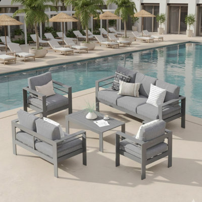 5-Piece Modern Aluminum Patio Conversation Set,  7-Seat Outdoor Sofa With  Thick Dark Gray Cushions & Gray Frame And Coffee Table