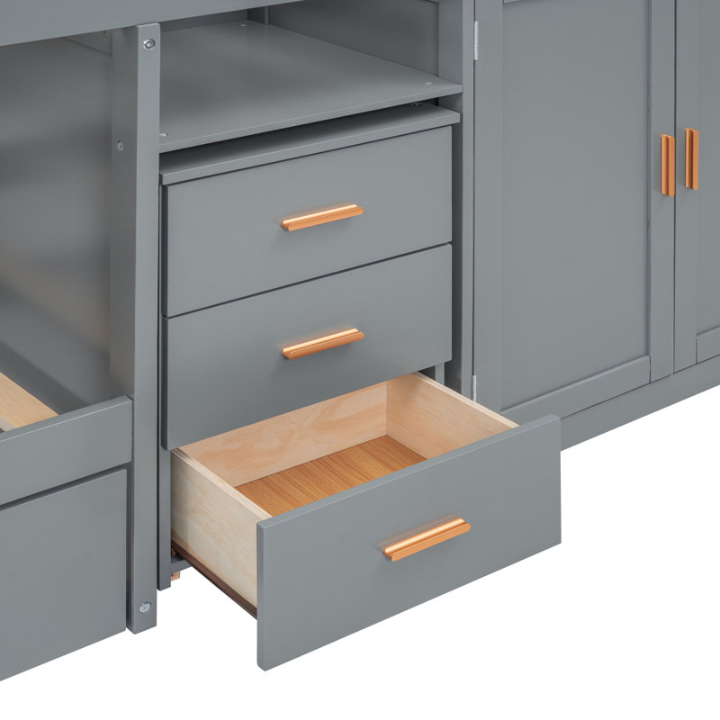 Lit simple superposé en bois avec lit gigogne, armoire, armoire, bureau et tiroirs, Gris