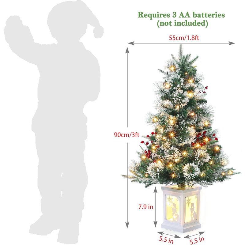 3Ft Artificial Christmas Tree With Snow Flocked And Lighting Snowflake Base, Battery Operated Xmas Pine Tree With 78 LED Lights, 8 Lighting Modes And Timer Function, For Home Christmas Decoration