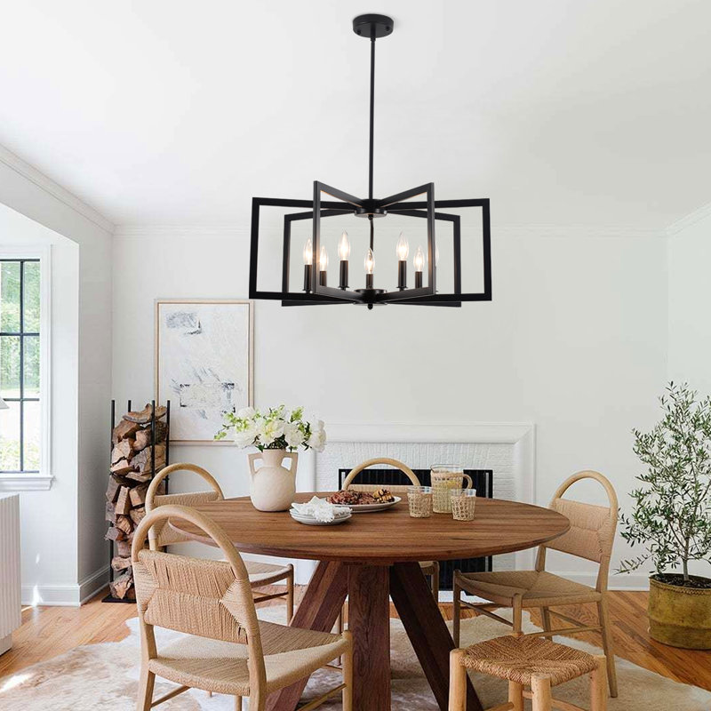7 - Light 25.6" Matte Black Industrial Geometric Candle-Style Square / Rectangle Lantern Chandelier, Matte Black, 7 Lights