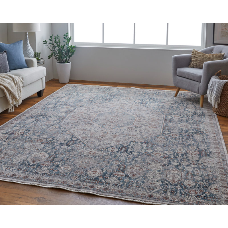 Tapis bleu / ivoire rectangulaire en polyester 4 pi x 6 pi fabriqué à la machine, Rectangle 4 pi x 5 pi 3 po