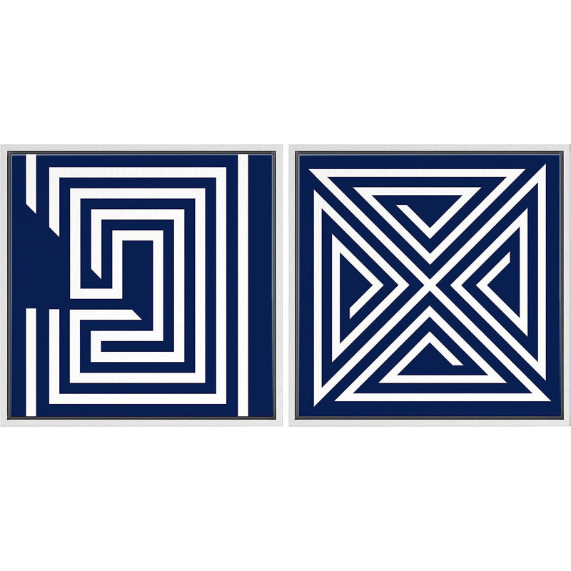 Reproduction de labyrinthe géométrique bleu et orange sur toile, 2 pièces, H 16 po x l 32 po x P 1,5 po, Blanc