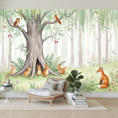 Papier peint adhésif autocollant aquarelle, animaux de la forêt, arbre pour enfants, grand arbre central, saule, papier autocollant amovible, décoration murale pour salon, chambre à coucher H 100 po x l 144 po