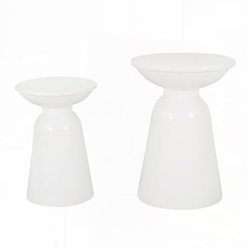 Patio Side Table Set With Round Top and Metal Base, White