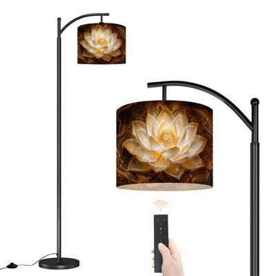  Arc Floor Lamp Golden Lotus Flower Glowing Petals Radiant Center Tall Modern Standing Lamp LED Adjustable Linen Lampshade 3 Color Temperatures