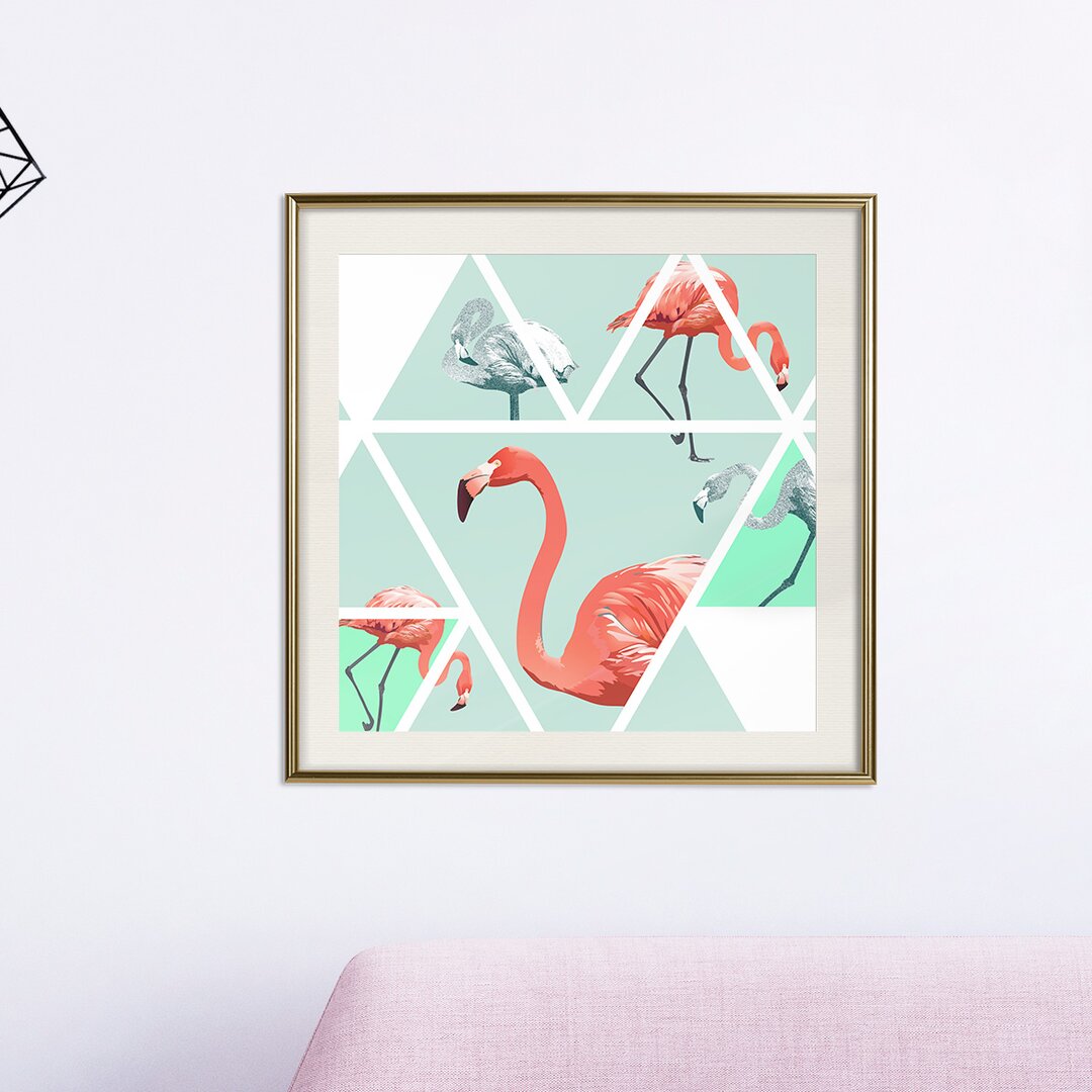 Gerahmter Grafikdruck Tropisches Mosaik mit Flamingos