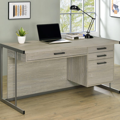 Bureau réglable à 3 tiroirs avec plateau à clavier gris rustique industriel blanchi et bronze industriel, profondeur de produit de 60 po, profondeur de 23,5 po, hauteur de 30,5 po, bureau large avec rangement, style, plateau,