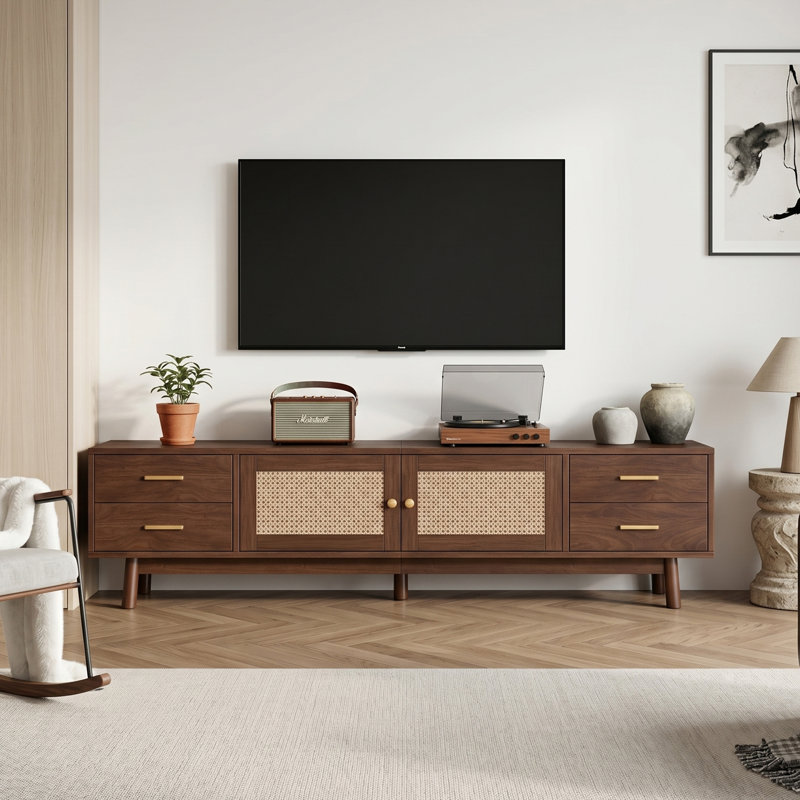 Console média 70 po avec portes en rotin et rangement