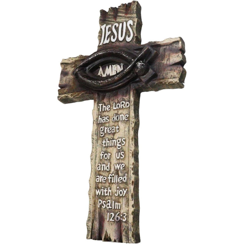 Ichthys, poisson, épi, clous, Jésus, avec, psaume scriptural, 126, croix en faux bois