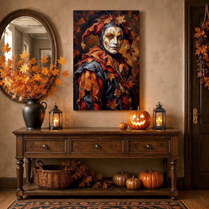 Portrait de bouffon dans des feuilles d'automne - Toile murale d'Halloween, H 40 po x l 28 po