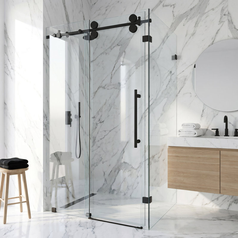 Cabine de douche coulissante sans cadre avec verre transparent 3/8 de l 46 po x P 34 po x H 74 po Winslow, Noir mat