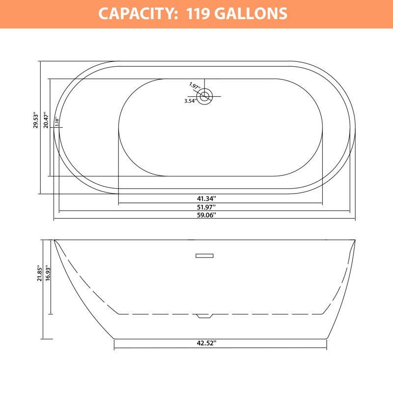 59.06 Inch Freestanding Acrylic Bathtub Dimension Blueprint