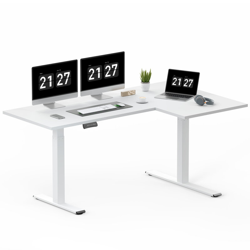 L-Shaped Home Office Height Adjustable Standing Desk, White/White, 47.2" H x 63" W x 39.4" D