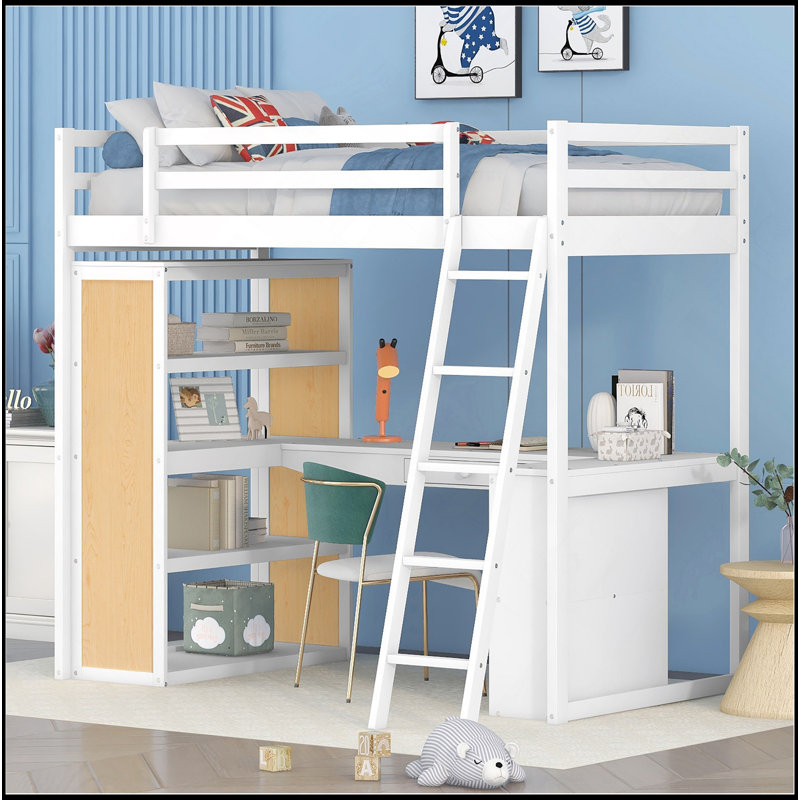 Lit mezzanine avec échelle, tablettes et bureau, blanc