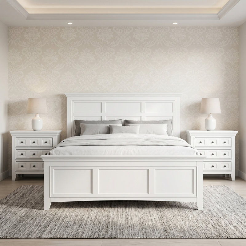 Ensemble de chambre à coucher Genesha, Très grand, Blanc, 3 Pcs: Bed, 2 Nightstands