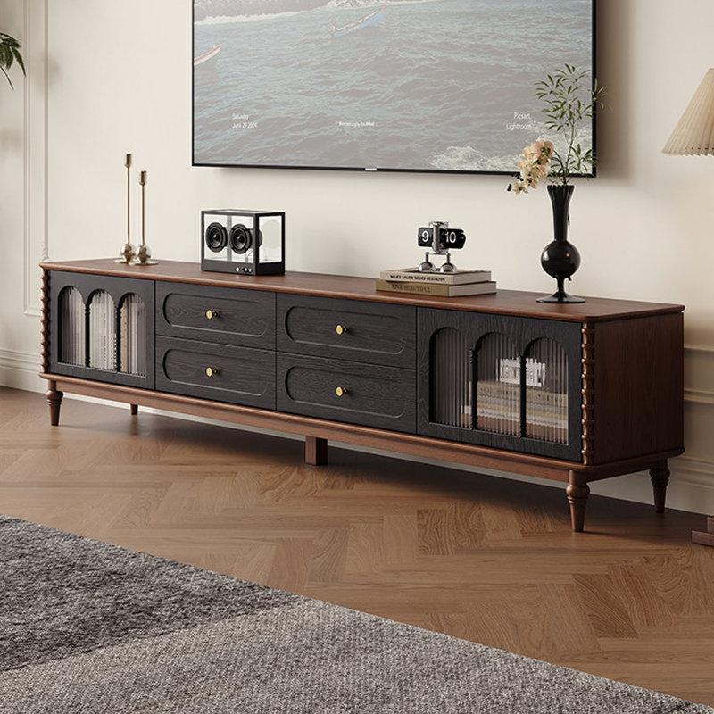 Meuble télé style français en chêne rouge, H 19,68 po x L 86,61 po x l 15,75 po, Brun / Noir