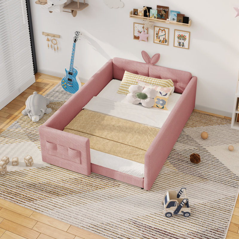 Full  Size Upholstered Platform Bed With Cute Rabbit Ear Shaped Headboard, Safety Rail, And Convenient Storage Pocket, Boucle Fabric – Perfect For Kids' Bedroom