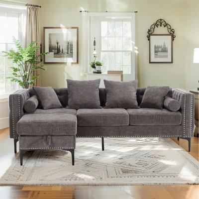 L-shaped Sectional Sofa with Storage Ottoman, 4 - Seat Sofa Couch,Rivets & Tufted Design