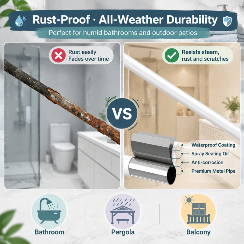 An extra-long outdoor spring shower tension rod with a square base, adjustable from 51-168In (4.25-14Ft); the heavy-duty, rust-proof no-drill design works for windows, patios, and bathrooms.