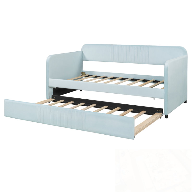 Twin Size Upholstered Daybed with Trundle, Light Blue
