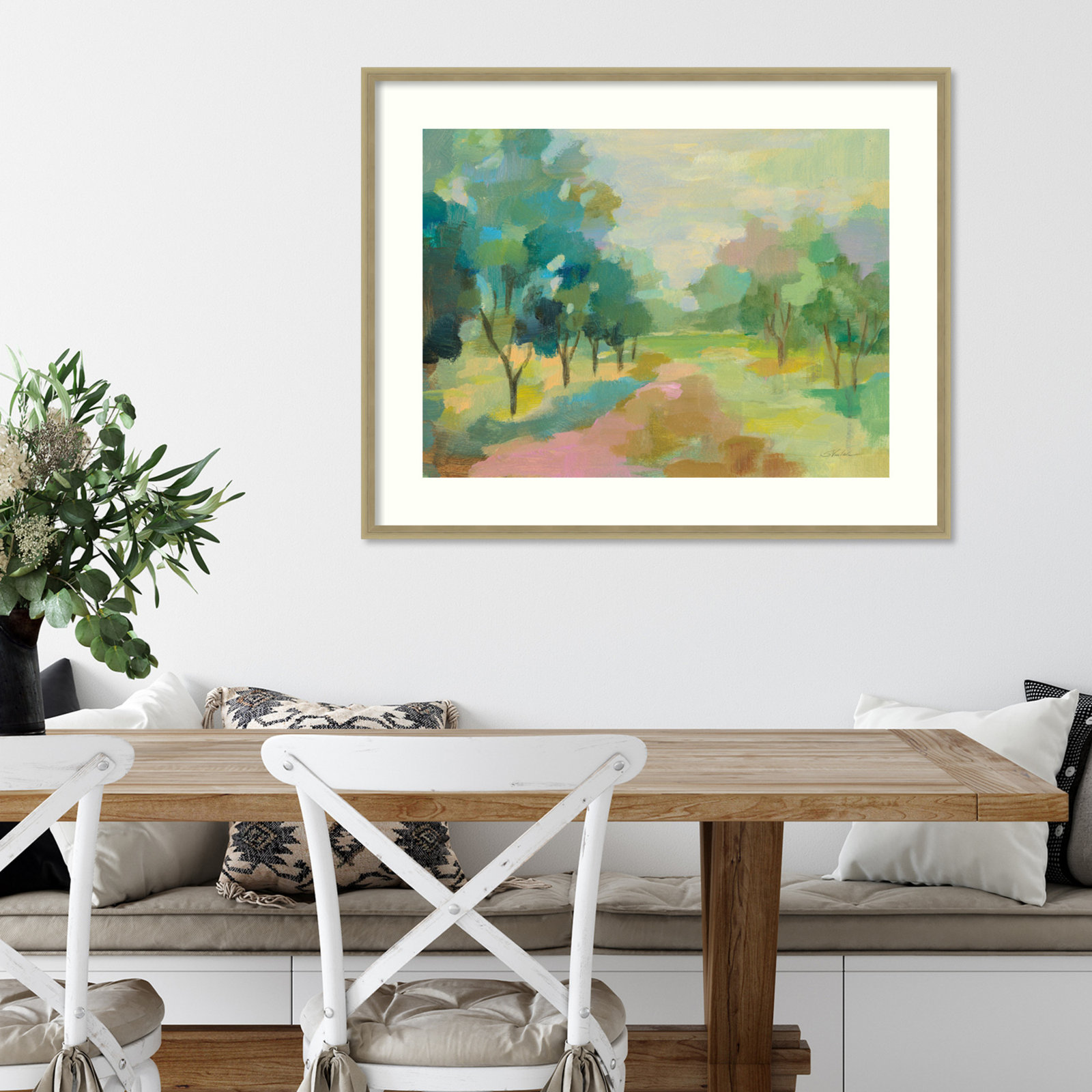 Sunrise Forest Painting by Silvia Vassileva, 33" H x 42" W, Champagne Framed Paper