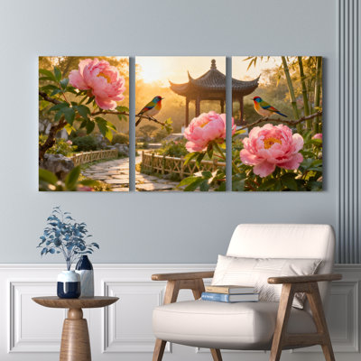 Pivoine fleurs et oiseaux dans un jardin chinois, reproduction d'art sur toile tendue sur toile, ensemble de 3, pour salon, chambre à coucher, décoration intérieure