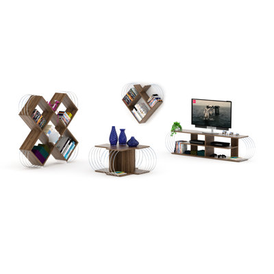 Meuble télé 4 tablettes avec rangement, meuble télé Mid-Century moderne noyer / jaune, bois massif de 68 po avec centre