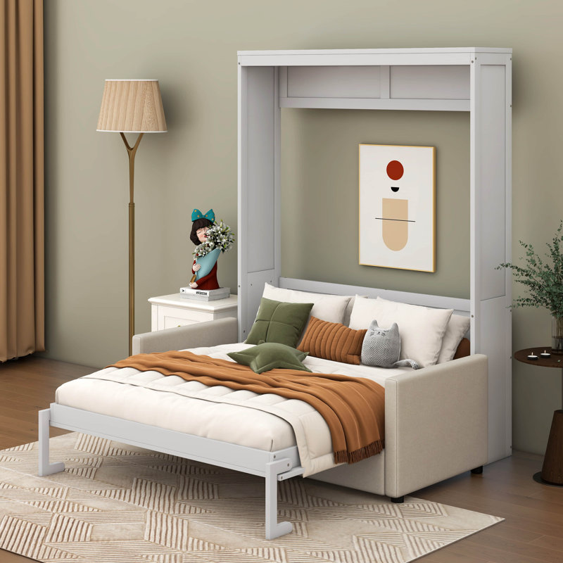 Full Size Murphy Bed Wall Bed With Cushion, White