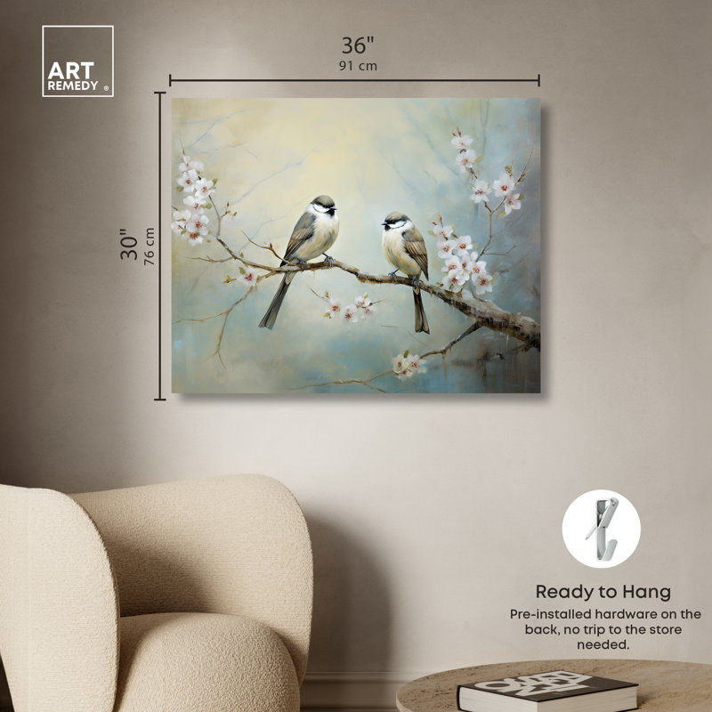 "Deux oiseaux et une branche de fleur II" par Art Remedy, Toile tendue, H 30 po x l 36 po