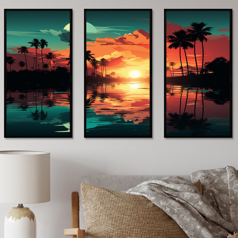 Orange Sunset Bold Landscape II - Coastal Sunset Wall Art, Black Floater Framed, 28" H x 36" W x 1" D