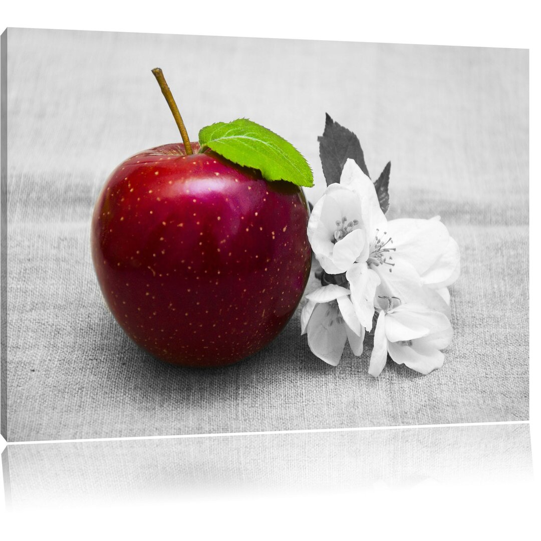 Leinwandbild Beautiful Red Apple with Blossoms in Rot/Grau/Grün