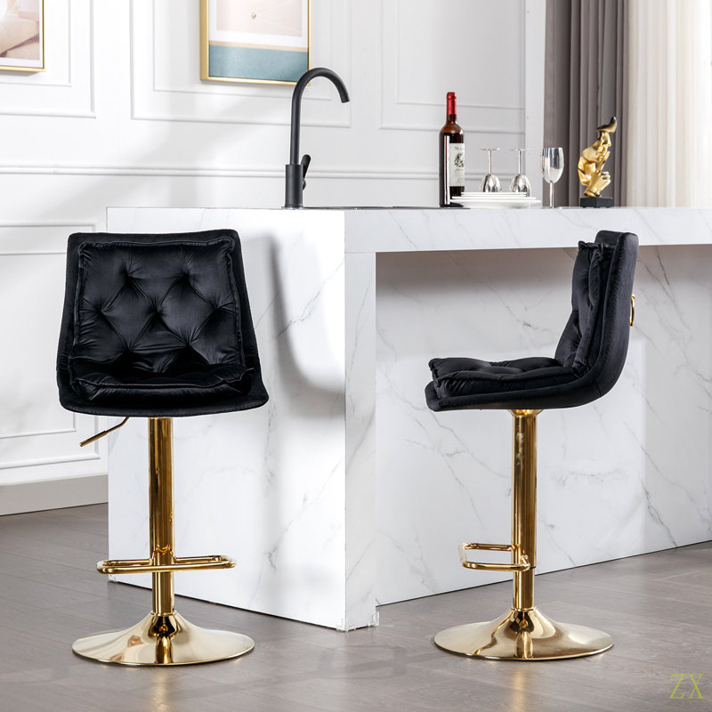 Ensemble de 2 tabourets de bar avec repose-pieds chromé et base pivotante à hauteur réglable en velours, Noir
