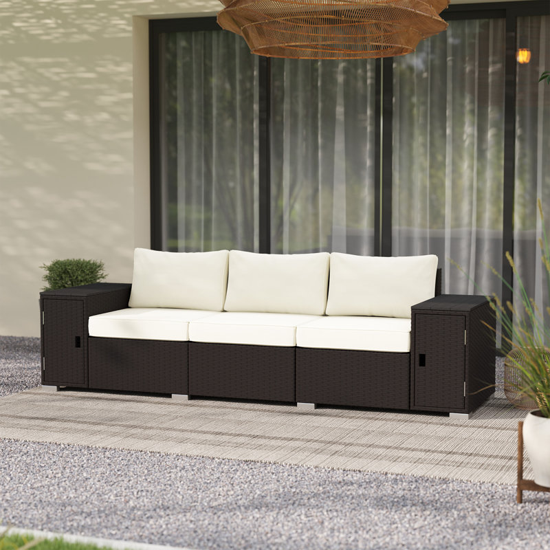 3 Seater Wicker Sofa with Storage and Thickened Cushions, Rattan Outdoor Patio Sofa with Wide Armrests and Seat, Wicker Outdoor Couch for Porch, Garden, Backyard