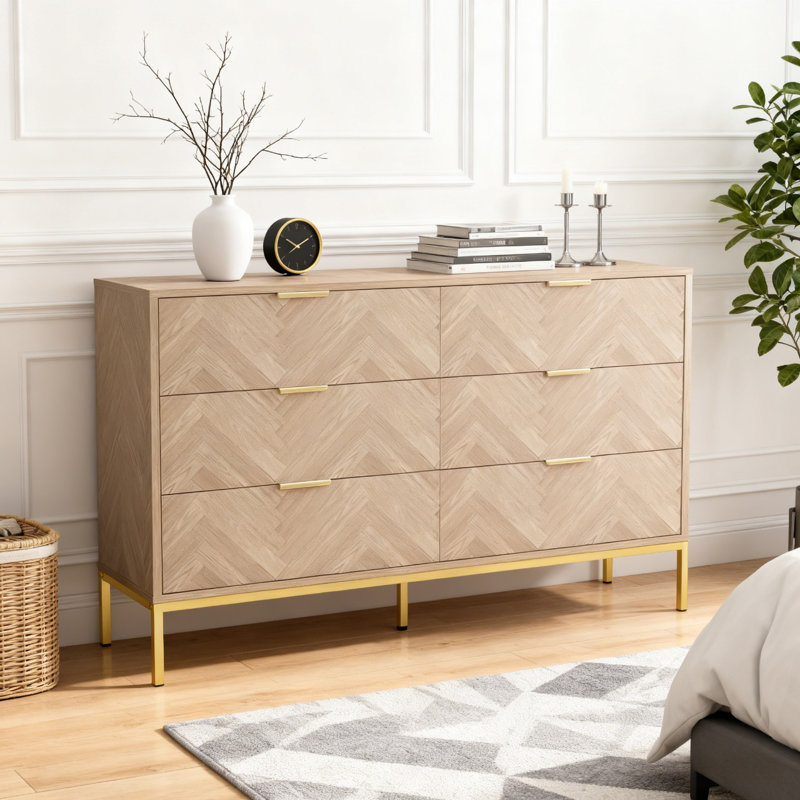 Pricillia 6 - Drawer Dresser Mid Century Natural 6 Drawer Double Dresser