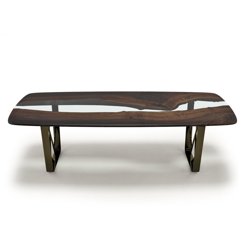 Walnut Metal Base Dining Table, Clear/Brown