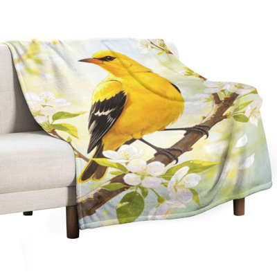 Yellow Bird Perched Luxury Flannel Throw Blanket, Soft Warm Fuzzy Blanket for Living Room Sofa Bed Home Decor