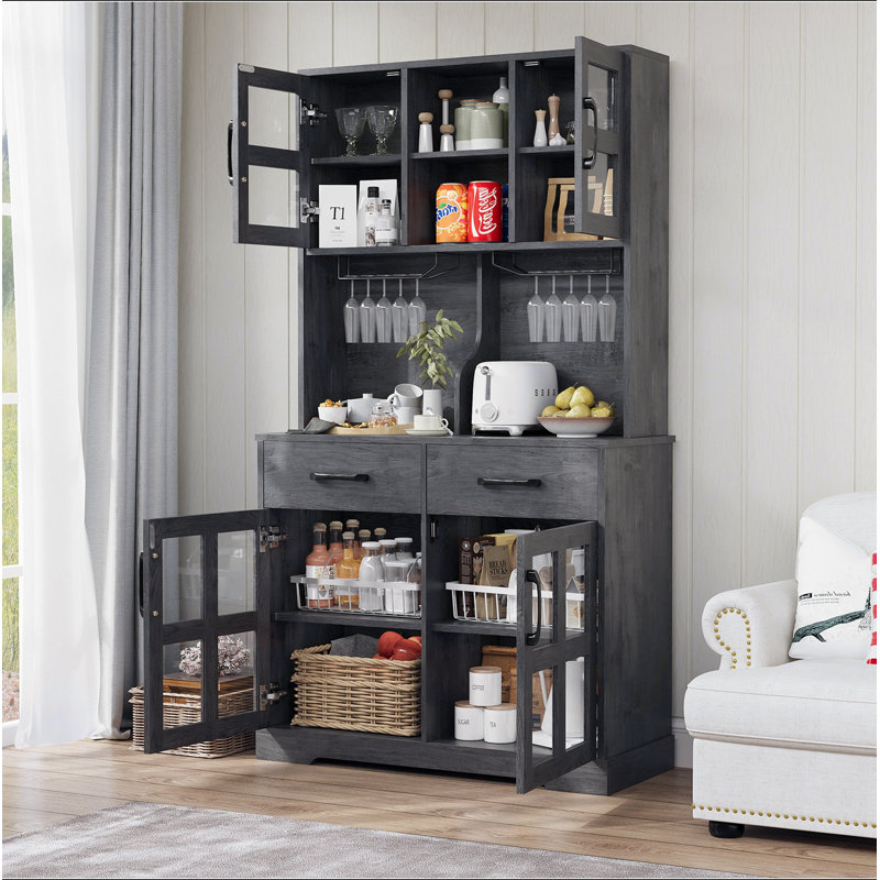 Armoire de garde-manger pour salon, huche de 71 po en bois pour micro-ondes avec rangement, station de charge et supports à vin