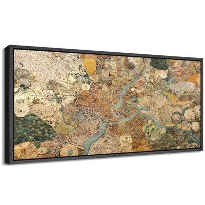 Panoramic Abstract City Map in Earth Tones Extra Large Pictures Framed Canvas Print Wall Art