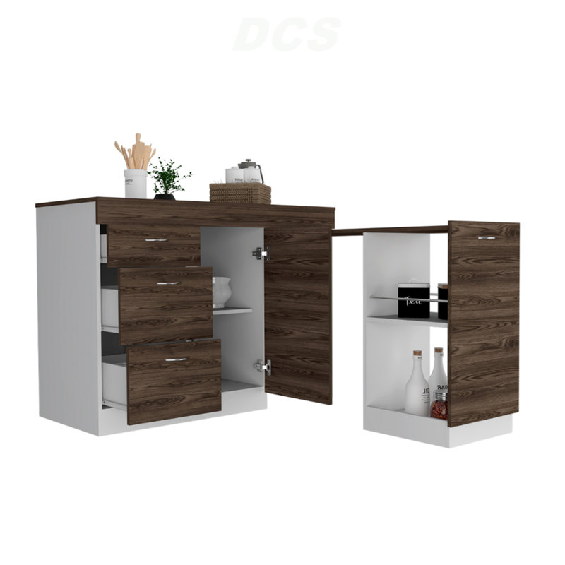 Grecia Kitchen Base Cabinet,Three Drawers, Two Internal Shelves -White / Dark Walnut