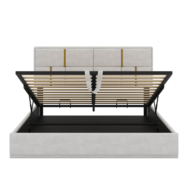 Grand lit plateforme tapissier avec élévateur hydraulique pour beaucoup de rangement, Beige