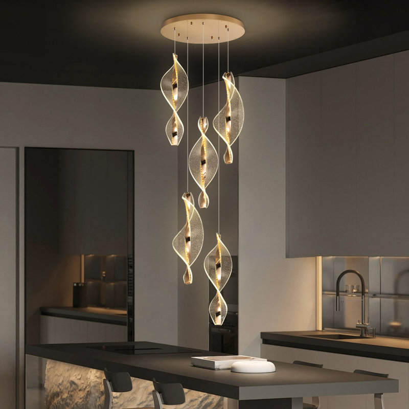 Lustre moderne à 5 lumières DEL en acrylique à intensité variable dorée, 3600 Lumens, 78.7" H x 15.7" W x 15.7" D, Gold