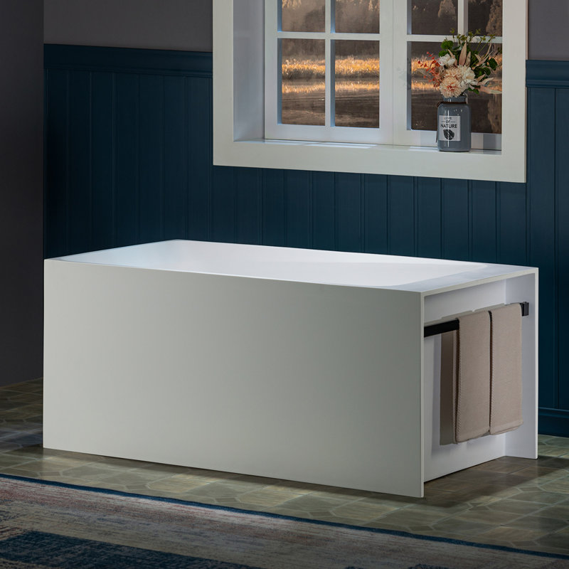 Woodbridge 51-1/8" L X 27-1/2" Stone Resin Luxury Contemporary Solid Surface Freestanding Soaking Bathtub In Matte White, Ergonomic Soaking Tub With Towel Bar And 2 Drain Covers (Matte White & Black)
