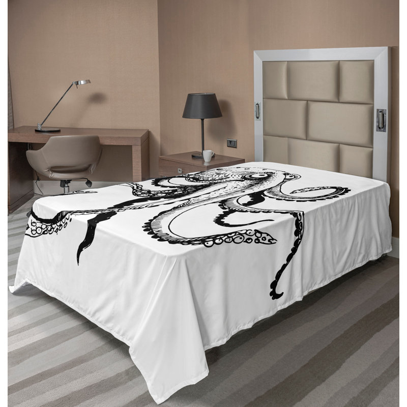 Drap de dessus de pieuvre Ambesonne comique humoristique Doodle noir et blanc, Drap plat pour lit simple TG