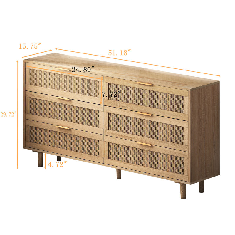 Natural Oak and Rattan 6-Drawer Storage Cabinet