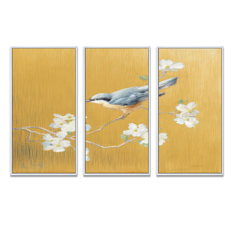 «Gold Bird On Blossoms II», ensemble d'art mural sur toile encadré traditionnel, H 32 po x l 48 po x P 1 po, Cadre blanc