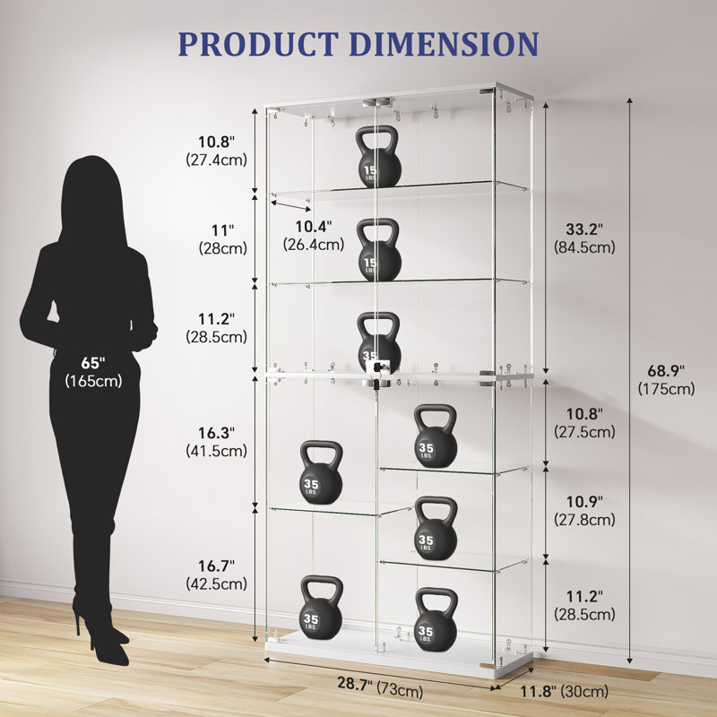 8-Tier Glass Display Cabinet with RGB LED Lighting, Lockable Doors and Anti-Tip Design, White