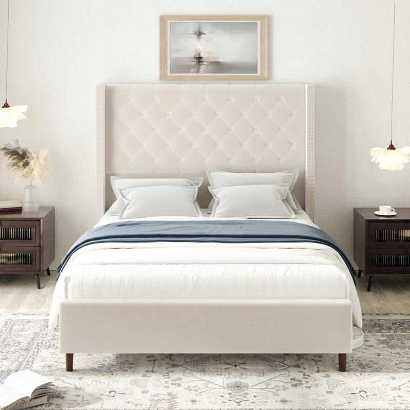 Plainfield Upholstered Wingback Bed Frame with 61" Tall Headboard, Beige, Queen