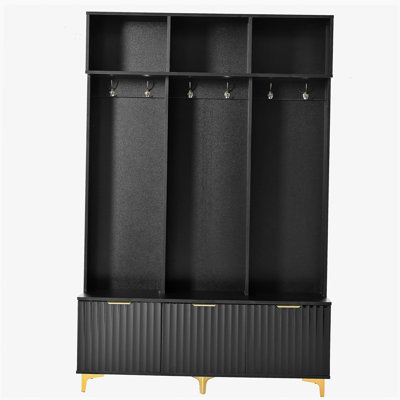 Modern Large Storage Hall Tree with Bench, Multi-functional Storage Bench with High Gloss Fluted Doors, Luxurious Coat Rack with 6 Gold Hooks and Legs for Entryway, Living Room