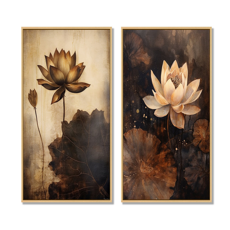 «Rustic Lotus Serenity», ensemble d'art mural sur toile Lotus, Encadrement brun, H 32 po x l 33 po